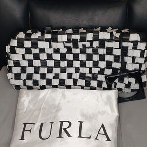 Furla Black and White Leather Woven Clutch